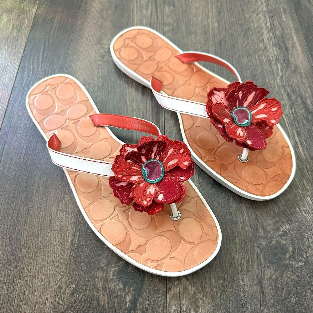Y2K Vintage Coach Larisa Flower Sandals Leather Red White Flip Flops Size 10